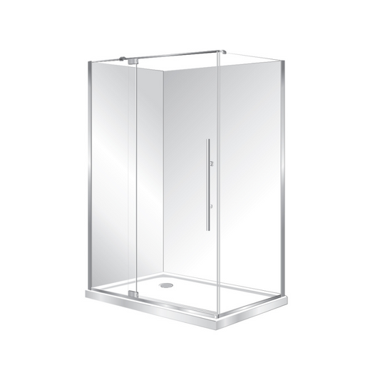 Symphony Premier Frameless shower 1400x1000 LH 2 sided silva frame/flat walls Pivot door