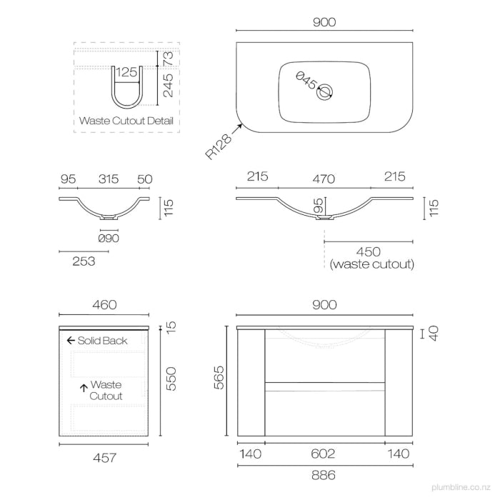 Stanza Curve Spio 900 2 Drawer Vanity - Smoke