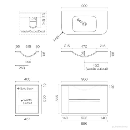 Stanza Curve Spio 900 2 Drawer Vanity - Smoke