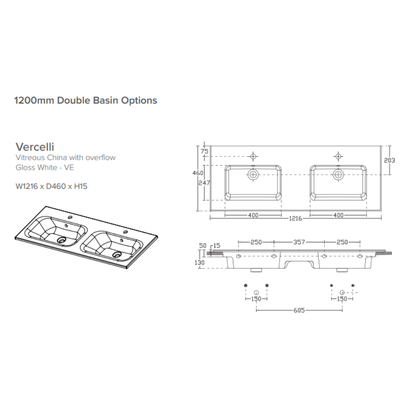 Newtech Brookfield 1200mm 4 drawer double basin - wall vanity 4339